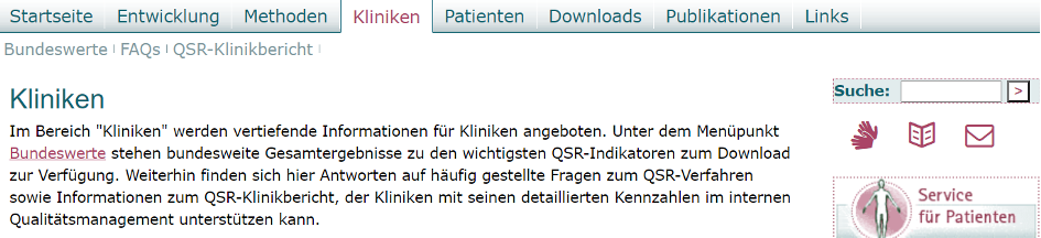 Screenshot Navigationsbereich Kliniken